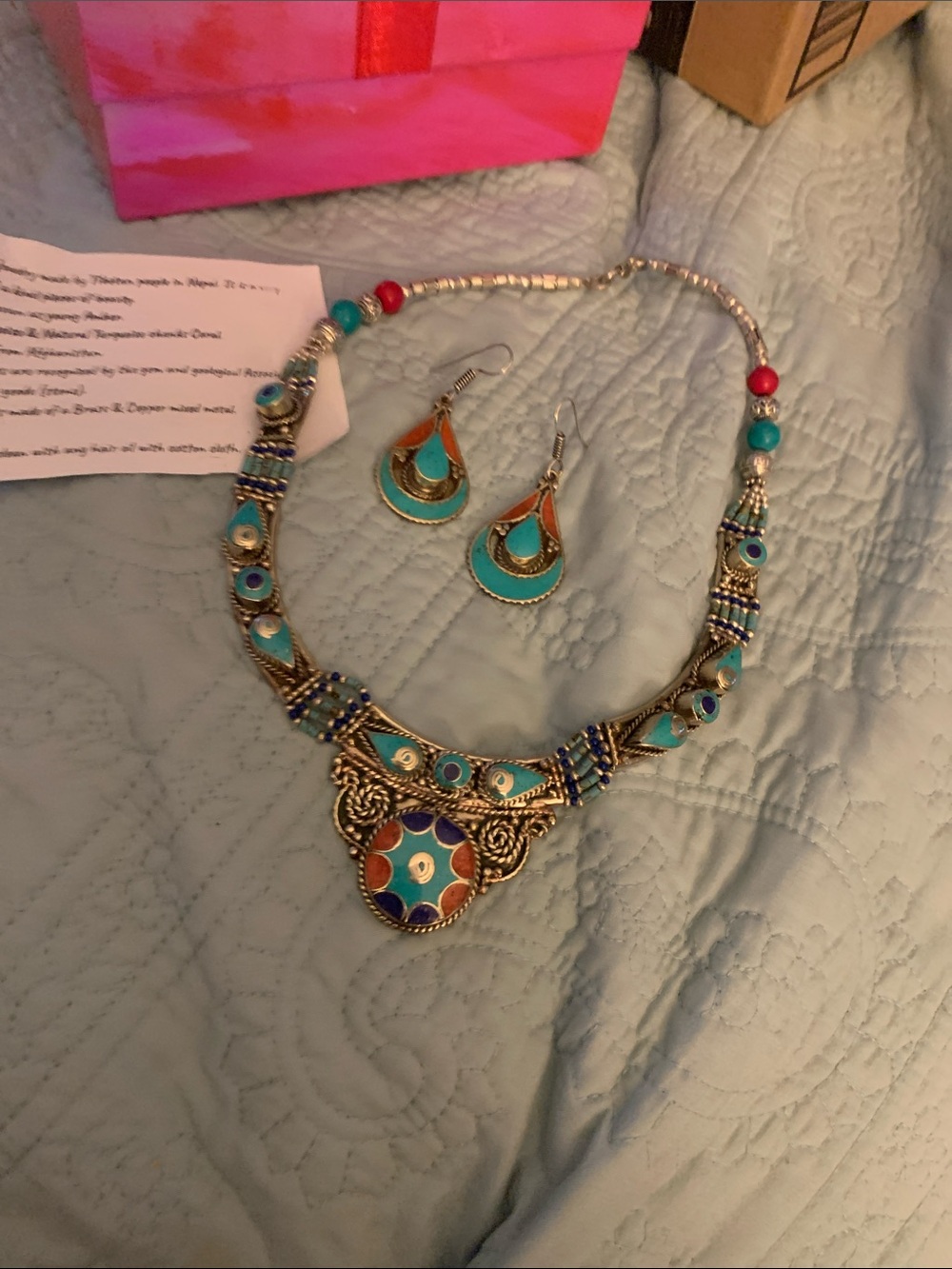 Turquoise Multicolor Enamel and precious stones Necklace and Earrings Set